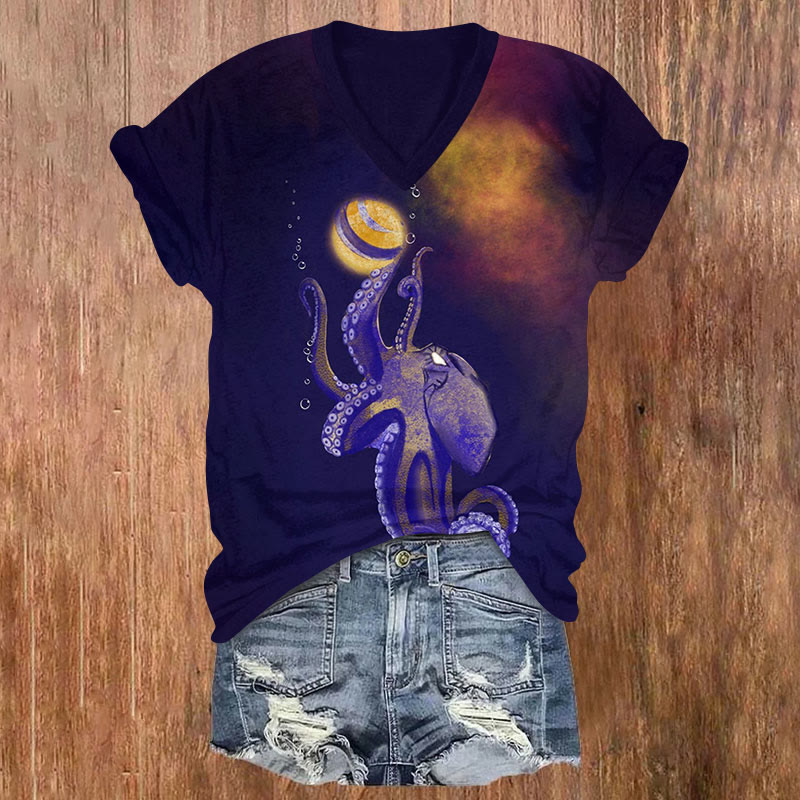 Octopus And The Moon Art Print V-neck T-shirt - Purple - US32-34(5XL) - image 1