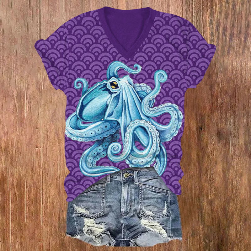 Japanese Art Octopus Art Print V-neck T-shirt - Purple - US32-34(5XL) - image 1