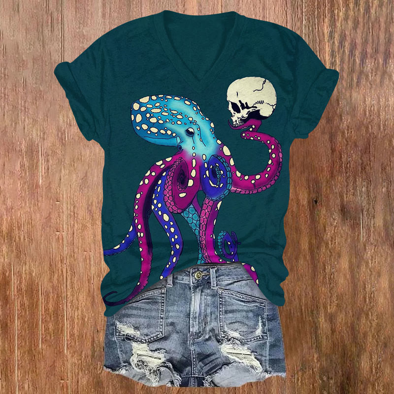 Octopus And Skull Art Print V-neck T-shirt - Green - US32-34(5XL) - image 1