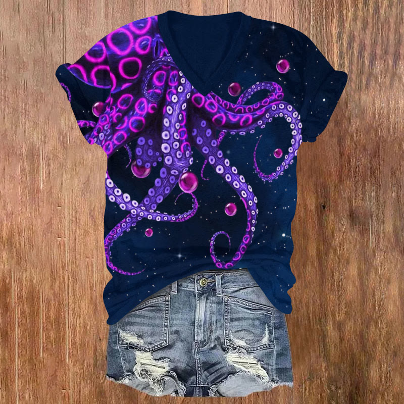  Ocean Octopus Art Print V-neck T-shirt - Blue - US32-34(5XL) - image 1