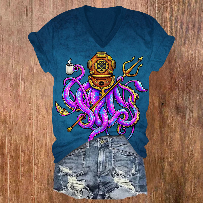 Octopus And Coffee Art Print V-neck T-shirt - Blue - US32-34(5XL) - image 1
