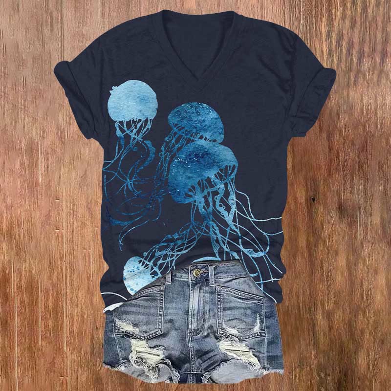 Watercolor Jellyfish Graphic Ocean Print V-neck T-shirt - Royal Blue - US32-34(5XL) - image 1