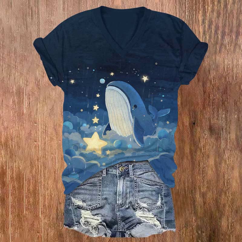 Dive into Dreamy Nights Whale Star print v-neck T-Shirt - Royal Blue - US32-34(5XL) - image 1