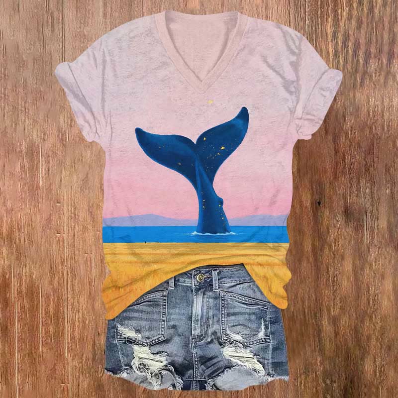 Colorful Whale Tail Print V-neck T-shirt - Pink - US32-34(5XL) - image 1