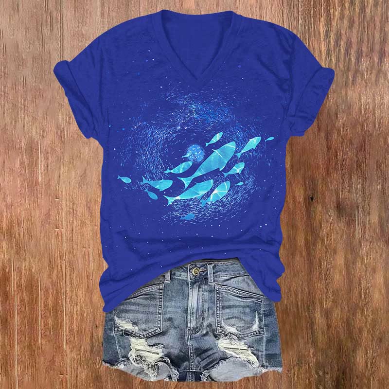 Fish And Starry Sea Design Print V-neck T-shirt - Royal Blue - US32-34(5XL) - image 1