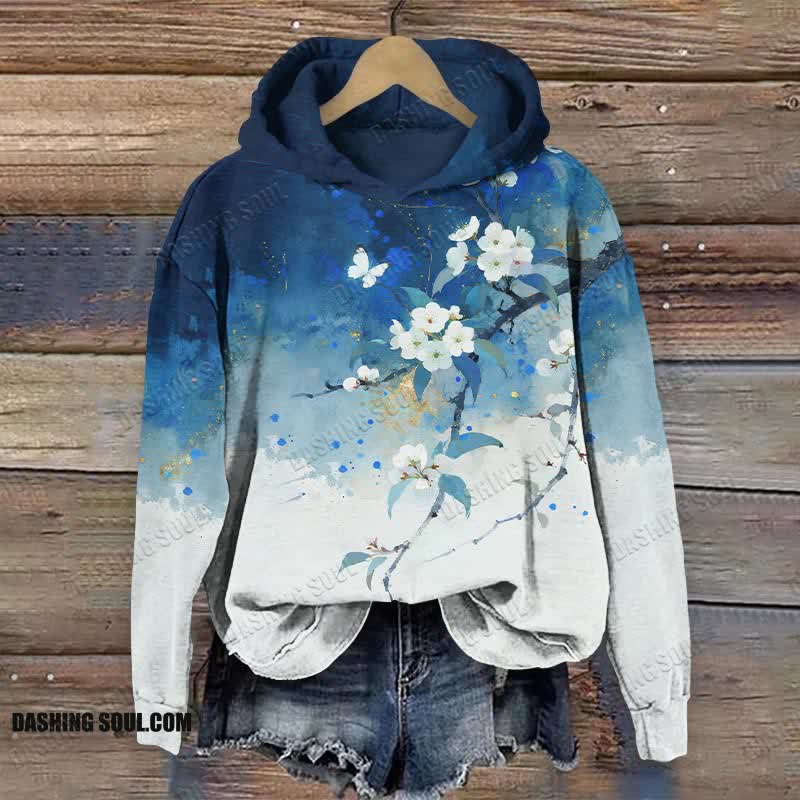 Japanese Ink Splash Sakura Art Print Long Sleeve Hoodie - Blue - US44-46(8XL) - image 1