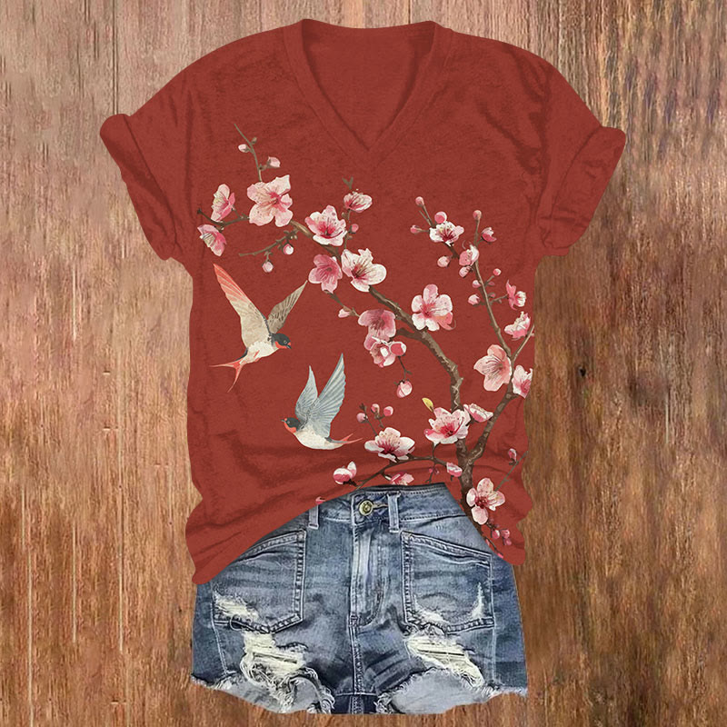 Japanese Plum Blossom Swallow Print V-neck T-shirt - Red - US32-34(5XL) - image 1