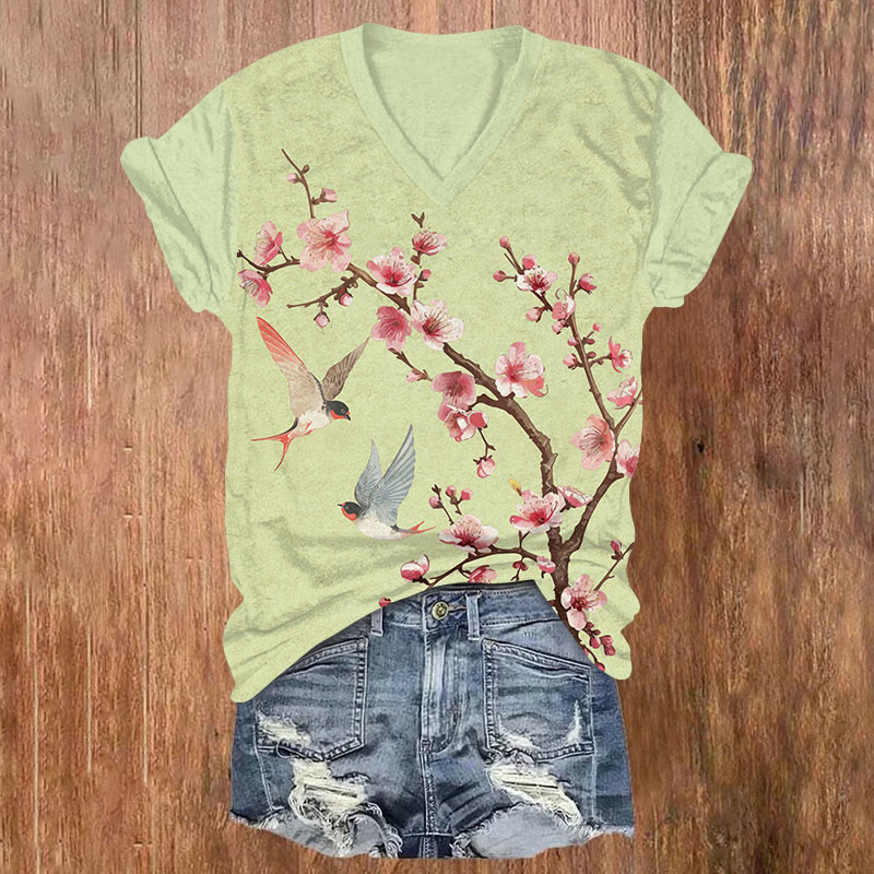 Japanese Plum Blossom Swallow Print V-neck T-shirt - Light Green - US32-34(5XL) - image 4