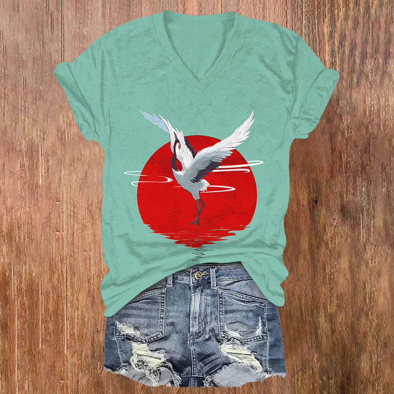 Japanese Style Red Sun Reflection Crane Print V-neck T-shirt - Light Green - US32-34(5XL) - image 1
