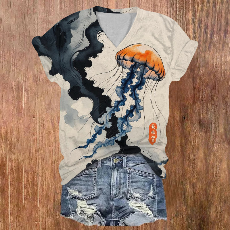 Japanese Ink Jellyfish Print V-neck T-shirt - Apricot - US32-34(5XL) - image 1