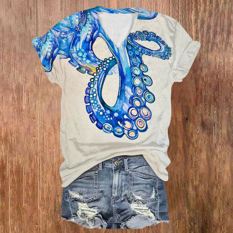 Watercolor Octopus Creative Print V-neck T-shirt - Blue - US32-34(5XL) - image 1