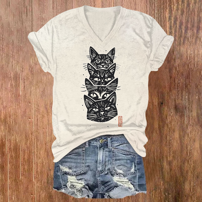 Creative Japanese Cat Print V-neck T-shirt - Beige - US32-34(5XL) - image 1