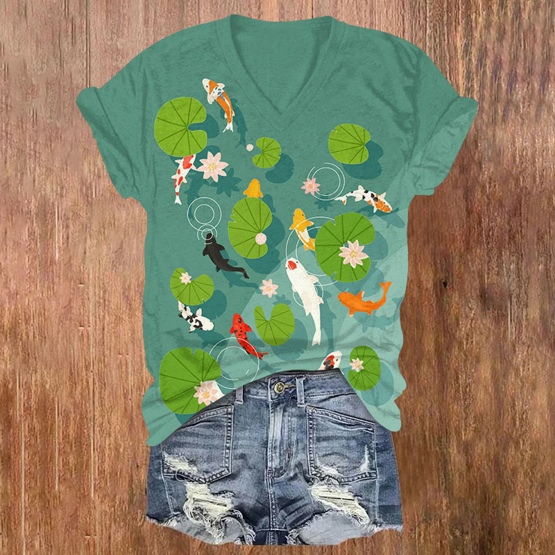 Japanese Pond With Lotus And Lotus Leaves, Koi Print V-neck T-shirt - Green - US32-34(5XL) - image 1