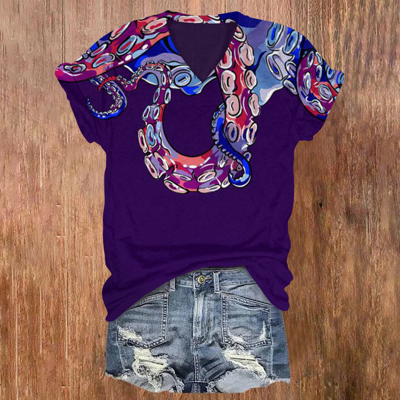 Creative Cyberpunk Style Octopus Print V-neck T-shirt - Purple - US32-34(5XL) - image 1