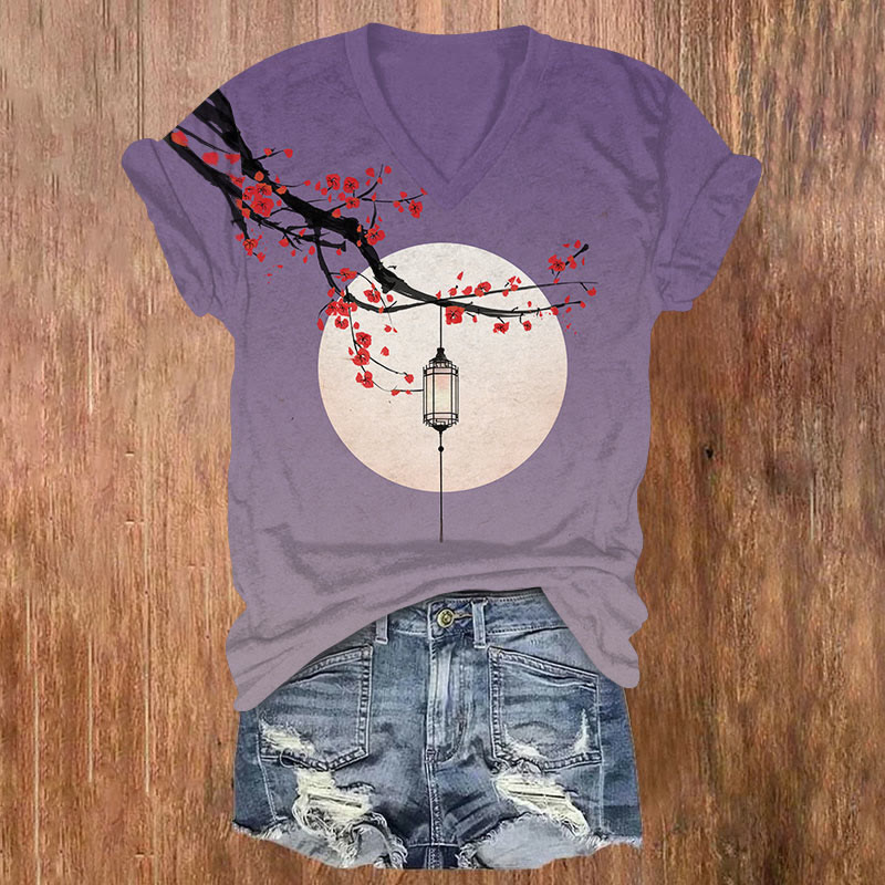 Japanese Ink Painting Plum Blossom Lantern Print V-neck T-shirt - Light Purple - US32-34(5XL) - image 1