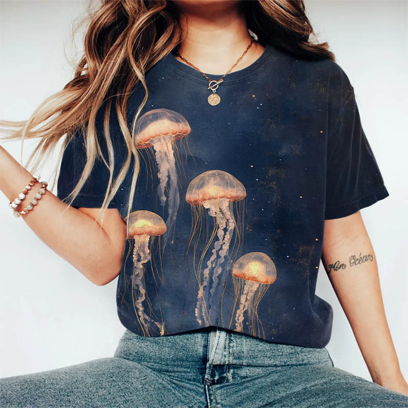 Vintage Lovely Orange Jellyfish Art Print Casaul T-shirt - Dark Blue - US44-46(8XL) - image 1
