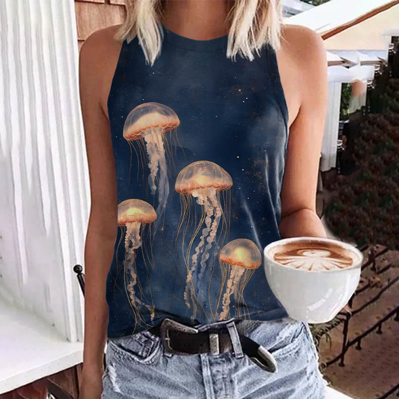 Vintage Lovely Orange Jellyfish Art Print Crew Neck Tank Top - Dark Blue - 5XL - image 1