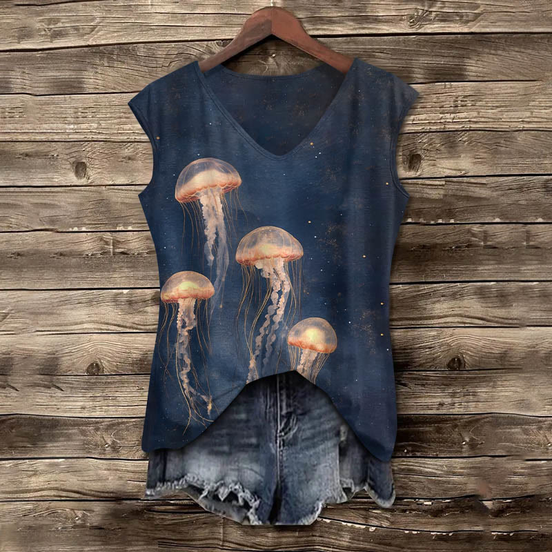 Vintage Lovely Orange Jellyfish Art Print V-neck Tank Top - Dark Blue - 5XL - image 1