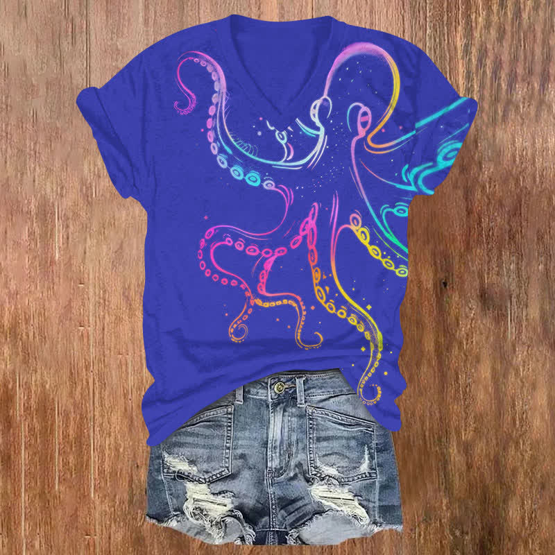 Vintage Rainbow Line Octopus Art Print V-neck T-shirt - Blue - US32-34(5XL) - image 1