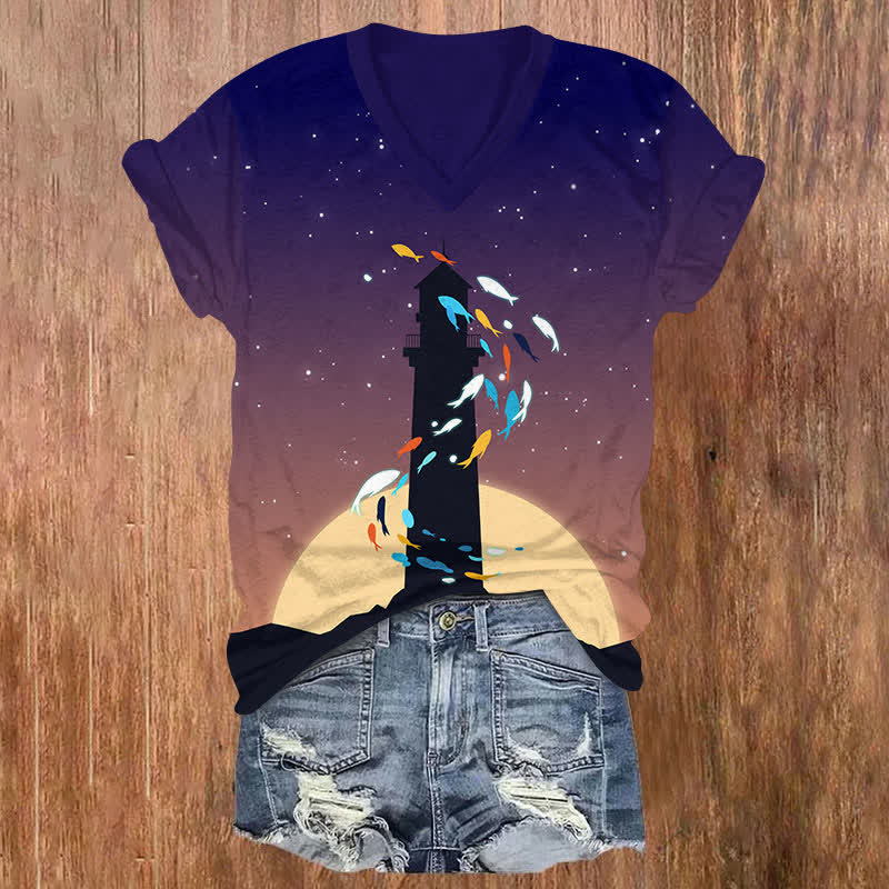 Ombre Starry Rainbow Fish & Lighthouse Print V-neck T-shirt - Purple - US32-34(5XL) - image 1