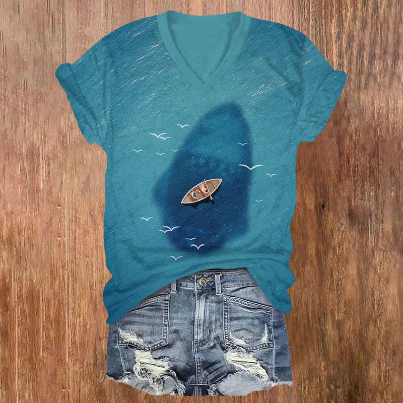 Shark Shadow Under The Sea Print V-neck T-shirt - Green - US32-34(5XL) - image 1