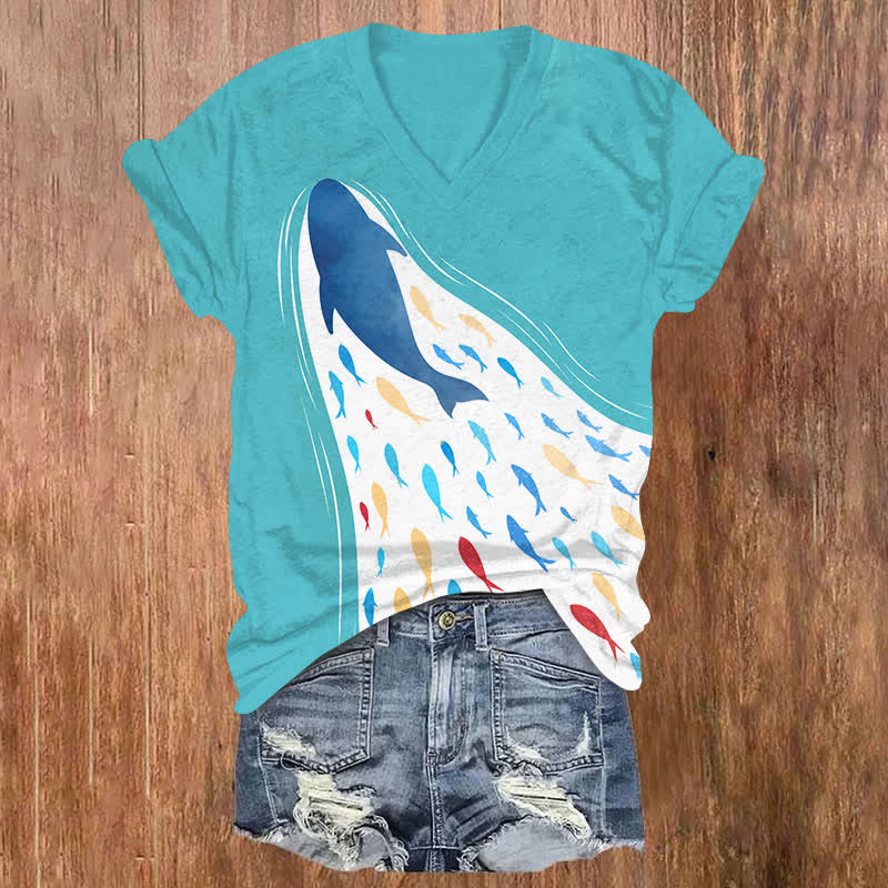 Vintage Rainbow Small Whales Art Print V-neck T-shirt - Lake Blue - US32-34(5XL) - image 1