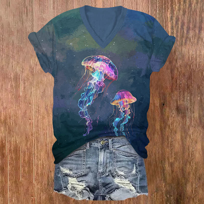 Retro Starry Fantasy Colorful Jellyfish Art Print V-neck T-shirt - Blue - US32-34(5XL) - image 1