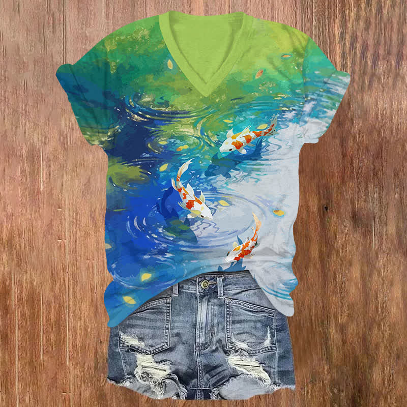 Oil Painting Vivid Koi Art Print V-neck T-shirt - Green - US32-34(5XL) - image 1