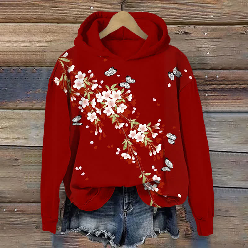 Vintage Japanese Floral Butterfly Art Print Long Sleeve Hoodie - Red - US44-46(8XL) - image 1