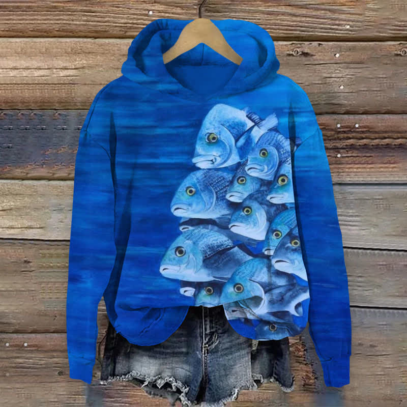 Vintage Ugly Fish School Print Long Sleeve Hoodie - Blue - US44-46(8XL) - image 1