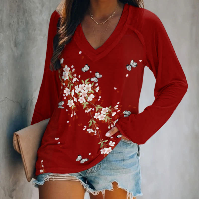 Vintage Japanese Floral Butterfly Art Print Long Sleeve T-shirt - Red - 5XL - image 1