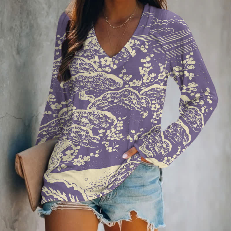 Japanese Art Plum Blossom Art Print Long Sleeve T-shirt - Purple - 5XL - image 2