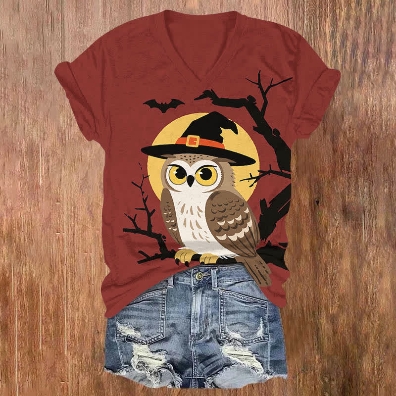  Halloween Cute Wizard Owl Art Print V-neck T-shirt - Red - US32-34(5XL) - image 1