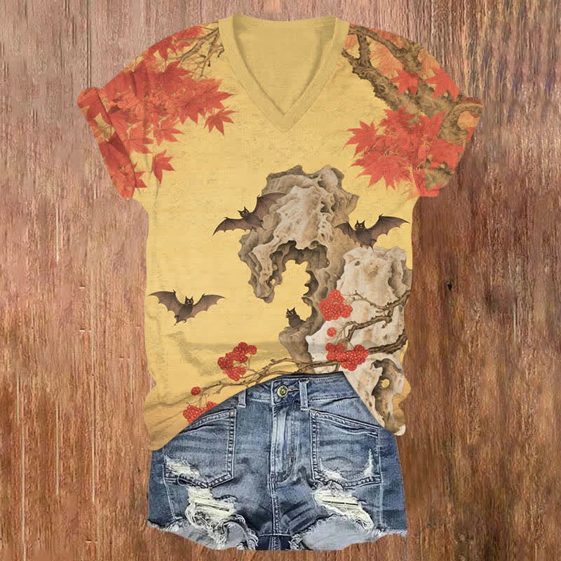 Halloween Retro Maple Leaf Art Print V-neck T-shirt - Yellow - US32-34(5XL) - image 1