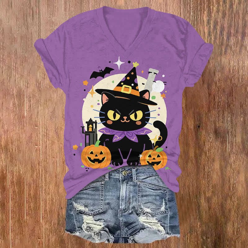 Halloween Funny Wizard Black Cat Art Print V-neck T-shirt - Purple - US32-34(5XL) - image 1