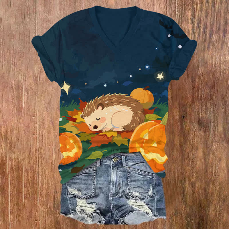 Halloween Cute Hedgehog Sleeping On Maple Leaf Print V-neck T-shirt - Dark Blue - US32-34(5XL) - image 1