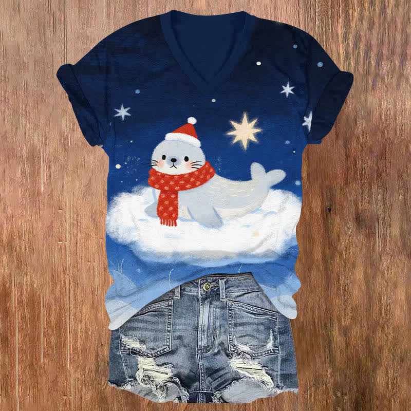 Starry Winter Scarf Seal On The Cloud Artprint V-neck T-shirt - Blue - US32-34(5XL) - image 1