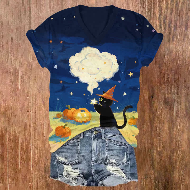 Halloween Oil Painting Art Print V-neck T-shirt - Blue - US32-34(5XL) - image 1