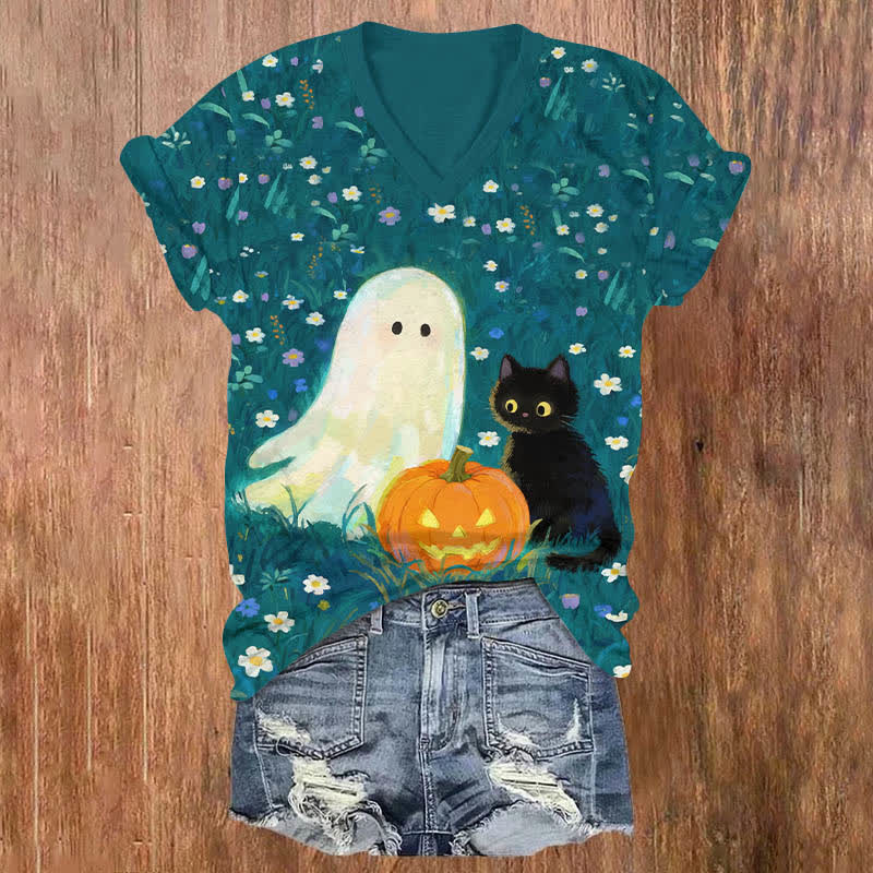 Halloween Oil Painting Ghost & Cat Surrounded By Flowers Art Print V-neck T-shirt - Green - US32-34(5XL) - image 1