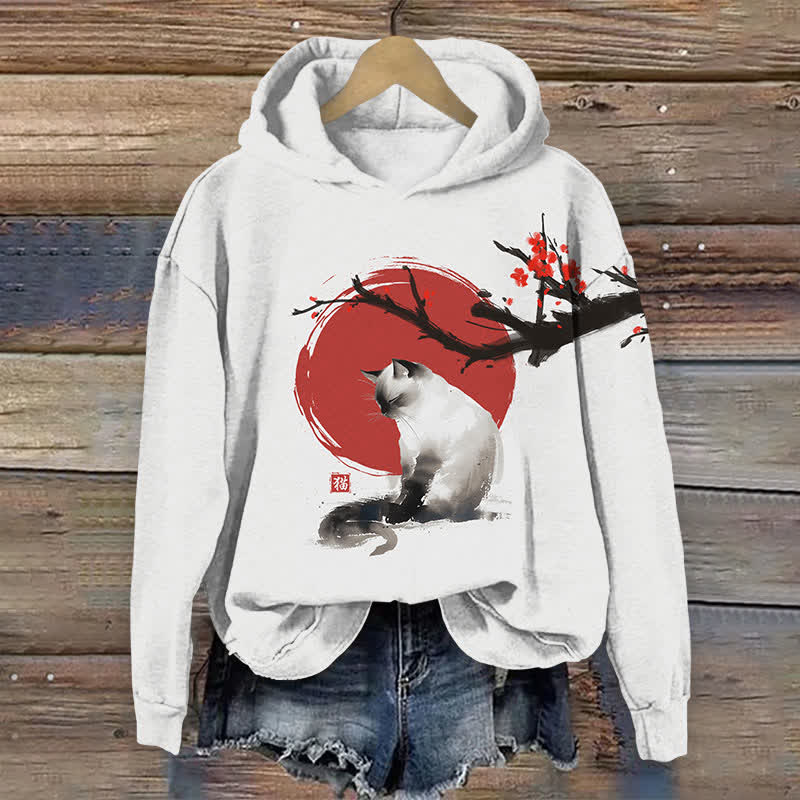 Japanese Sun & Ink Painting Cat Ar Print Long Sleeve Hoodie - Light Gray - US44-46(8XL) - image 1