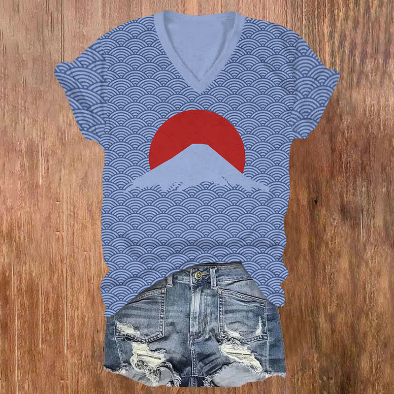  Japanese Sunrise Of Mount Fuji Art Print V-neck T-shirt - Blue - US32-34(5XL) - image 1