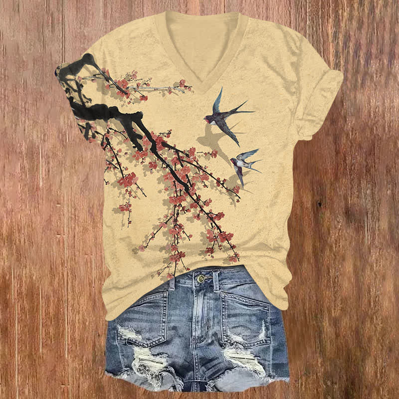 Vintage Japanese Sakura & Swallow Art Print V-neck T-shirt - Yellow - US32-34(5XL) - image 1