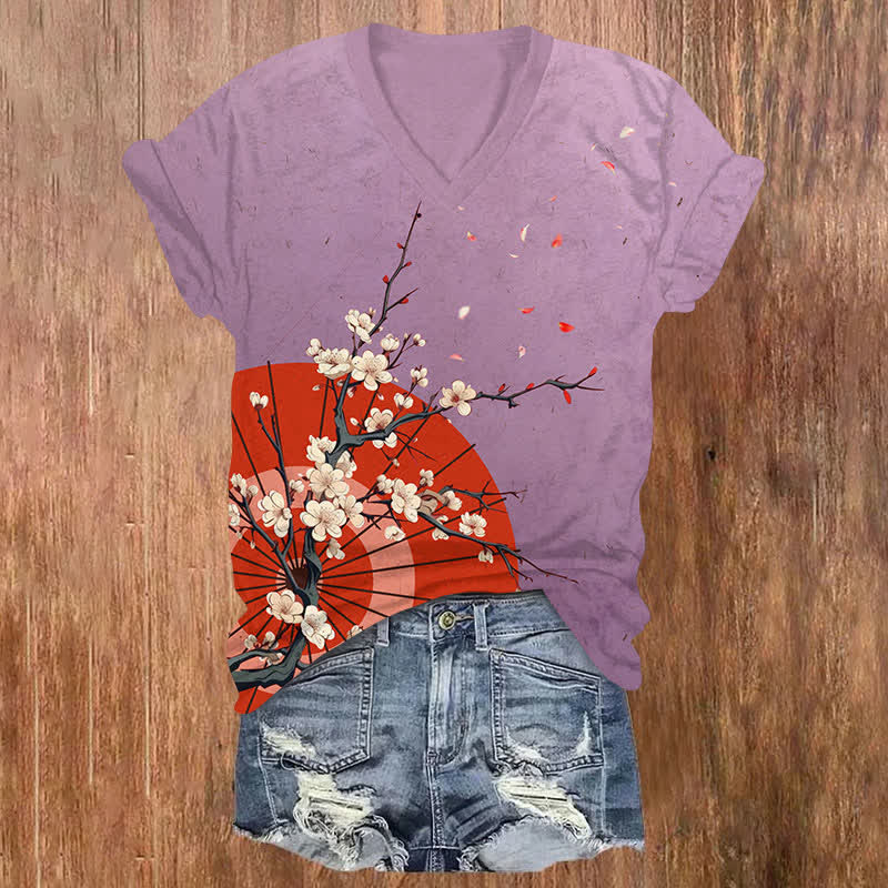 Japanese Vintage Sakura Umbrella Art Print V-neck T-shirt - Purple - US32-34(5XL) - image 1
