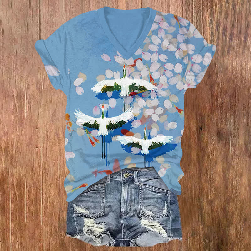 Japanese Oil Painting Sakura Crane Art  Print V-neck T-shirt - Blue - US32-34(5XL) - image 1