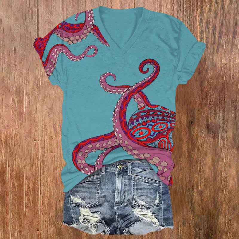 Vintage Ethnic Octopus Tentacles Art Print V-neck T-shirt - Green - US32-34(5XL) - image 2