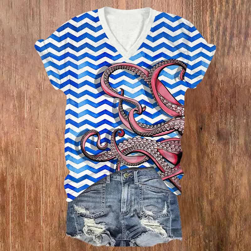 Vintage Blue Ripple Octopus Art Print V-neck T-shirt - Blue - US32-34(5XL) - image 1