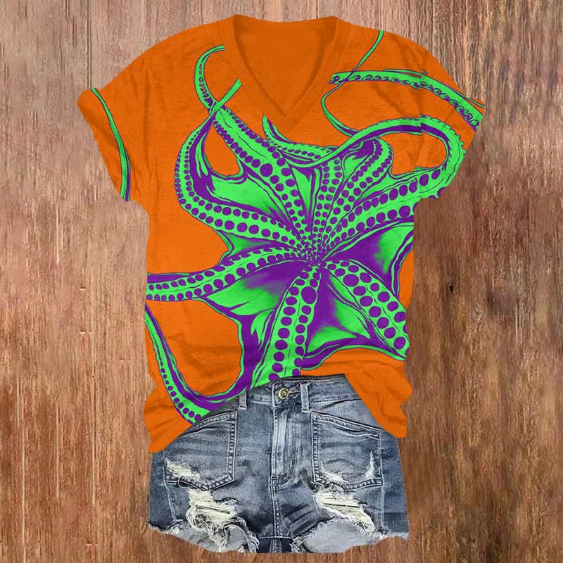 Vintage Ocean Octopus Art Print V-neck T-shirt - Orange - US32-34(5XL) - image 1