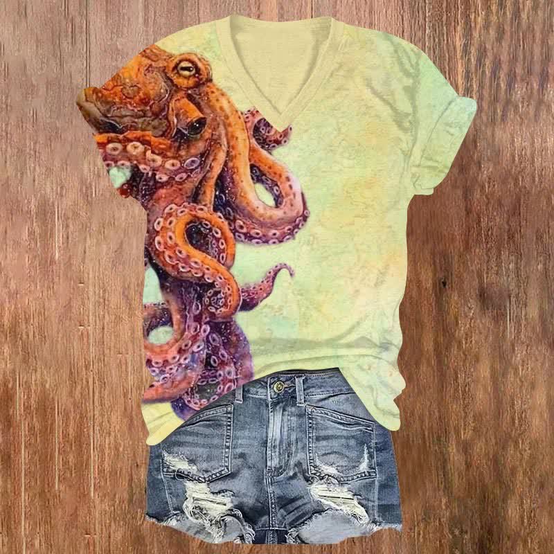 Vintage Giant Octopus Art Print V-neck T-shirt - Yellow - US32-34(5XL) - image 1