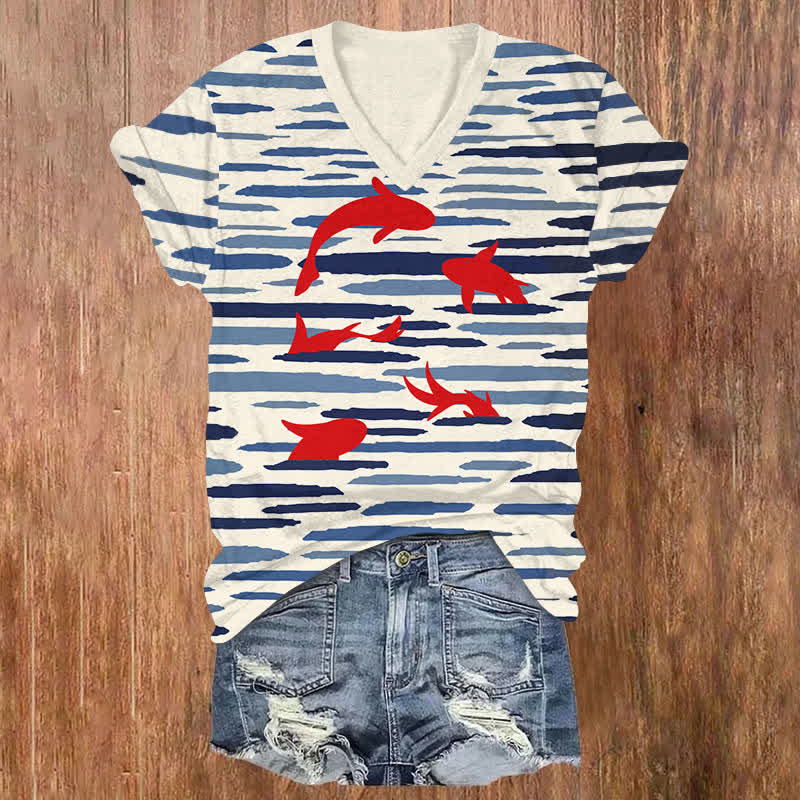 Japanese Wave Striped Red Koi Art Print V-neck T-shirt - Beige - US32-34(5XL) - image 1