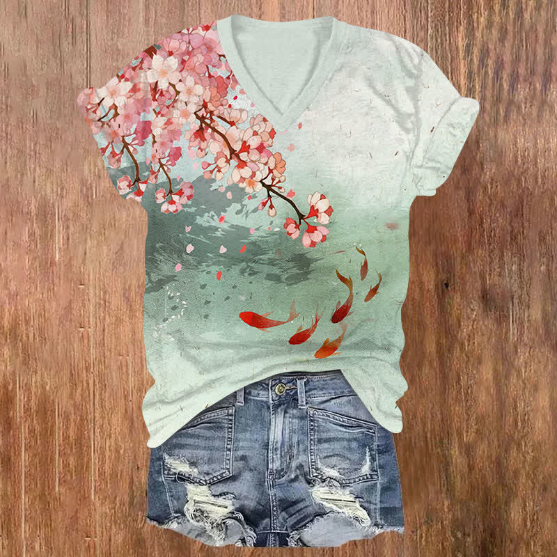 Japanese Sakura & Koi Pond Art Print V-neck T-shirt - Green - US32-34(5XL) - image 1
